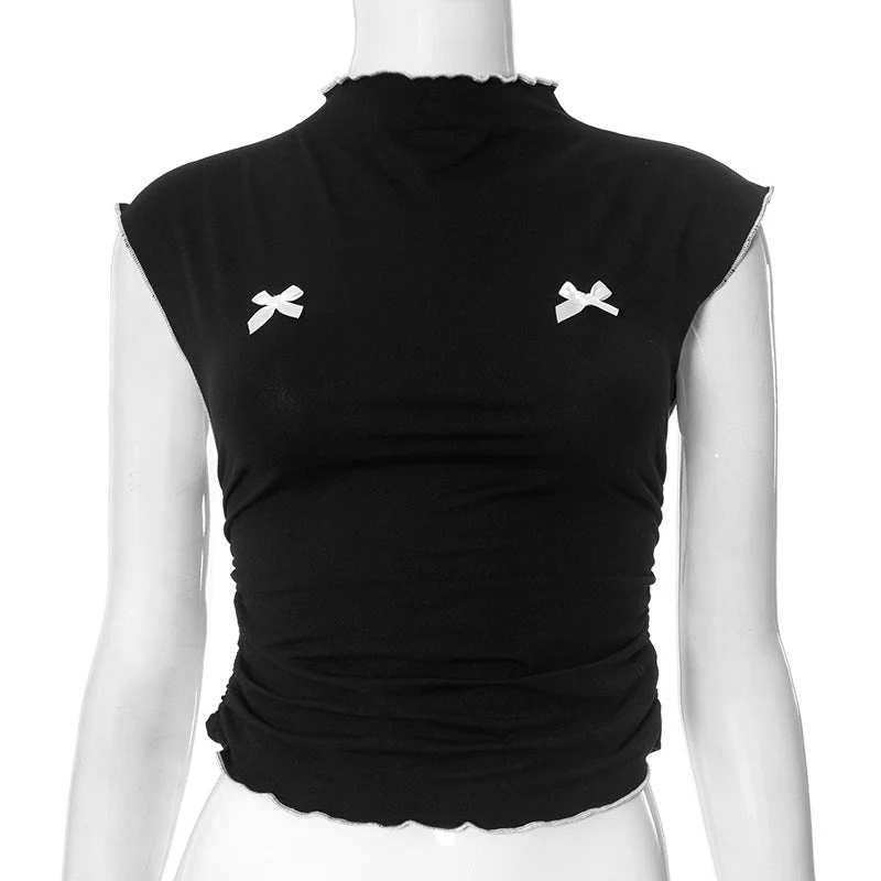 Ruffle bowknot crewneck ruched crop top - Image 3