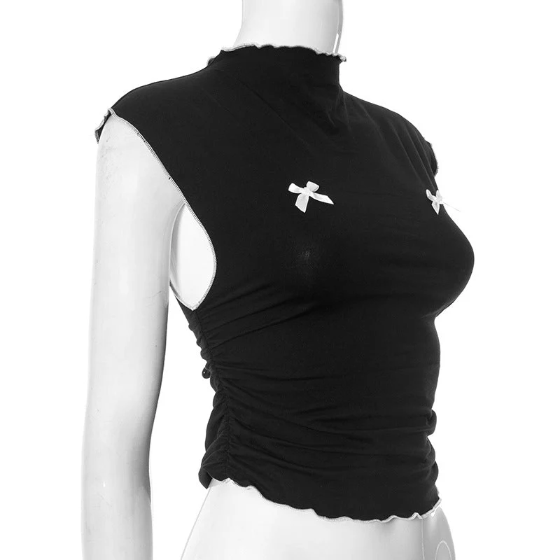 Ruffle bowknot crewneck ruched crop top - Image 5