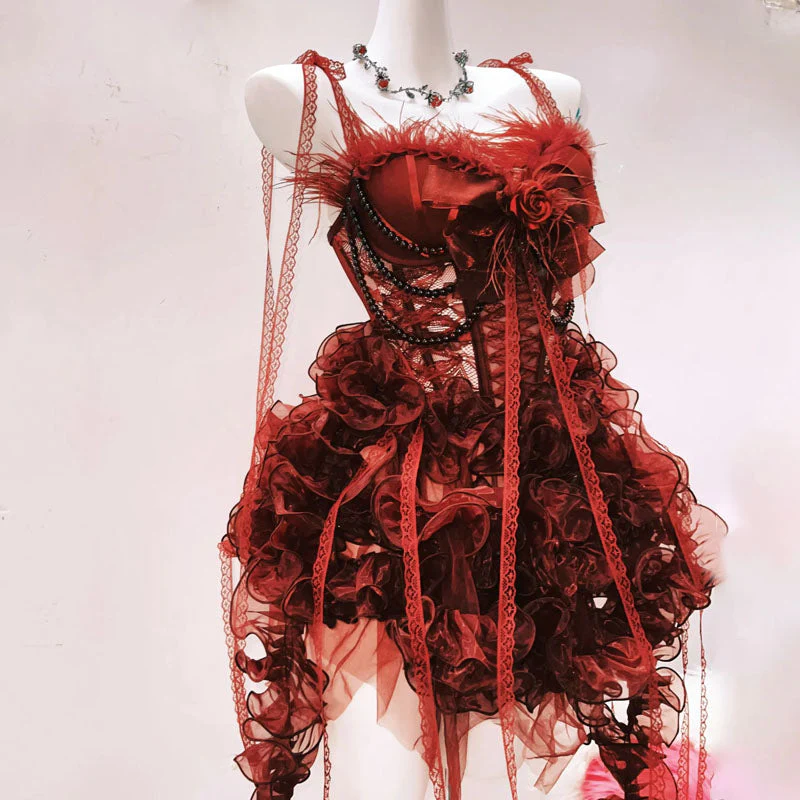 Ruffle bowknot flower applique beaded mini dress - Image 4