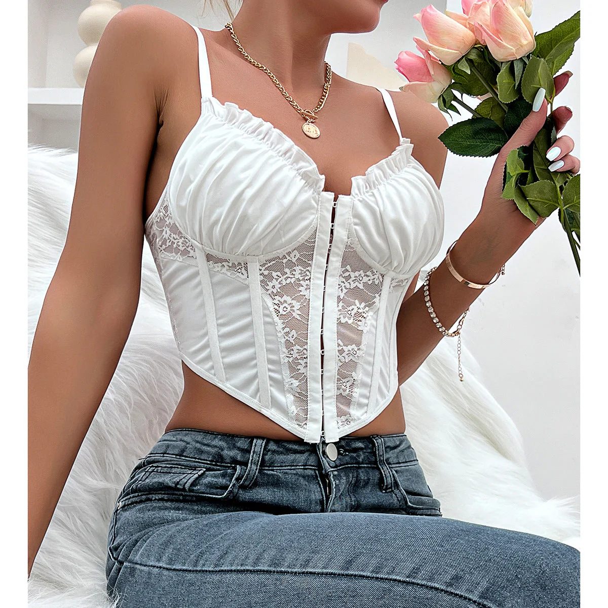 Ruffle corset ruched lace v neck cami top - Image 3