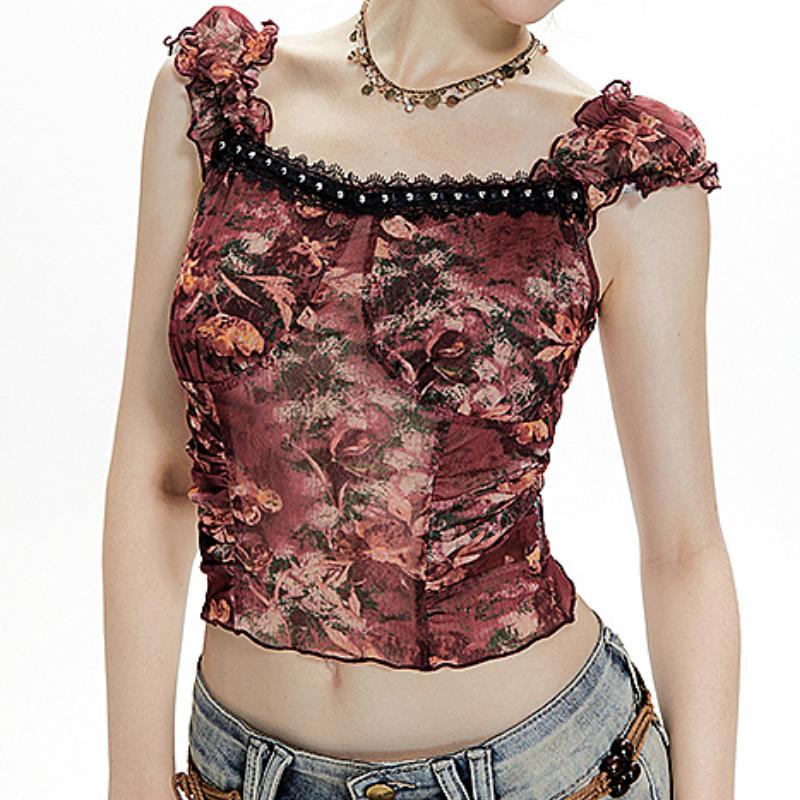 Ruffle flower print lace hem mesh cami top - Image 2