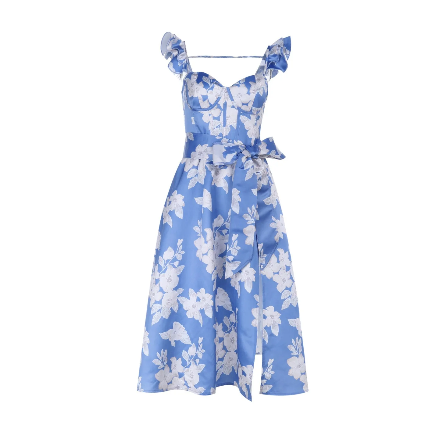 Ruffle flower print zip-up slit v neck midi dress