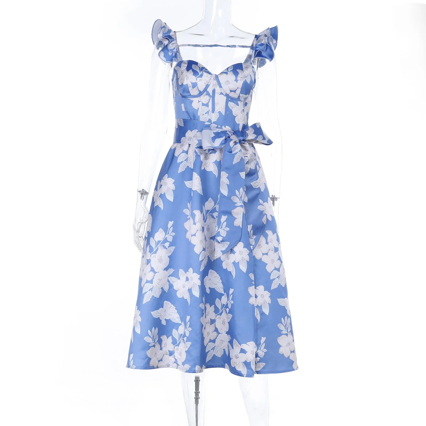 Ruffle flower print zip-up slit v neck midi dress - Image 2
