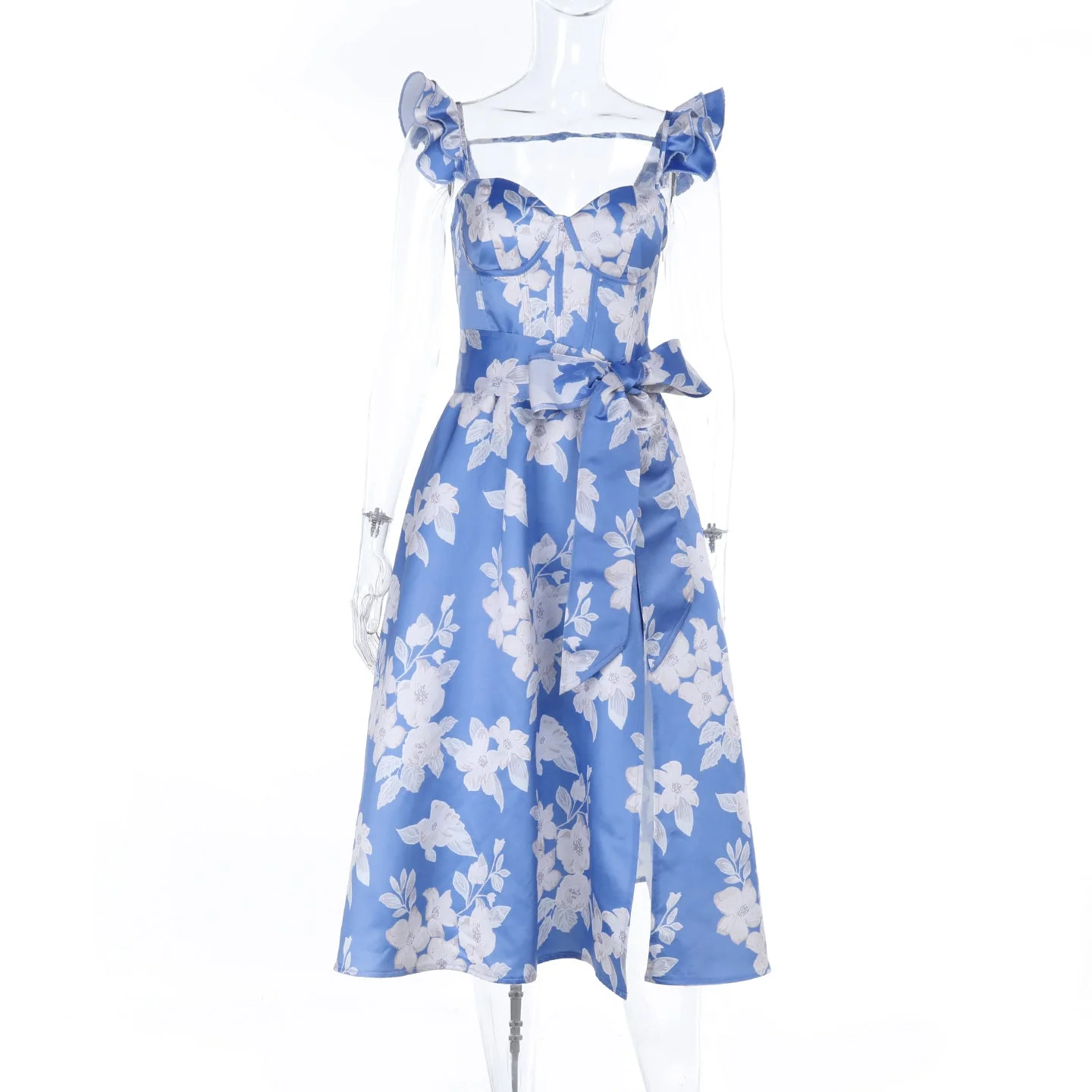 Ruffle flower print zip-up slit v neck midi dress - Image 3