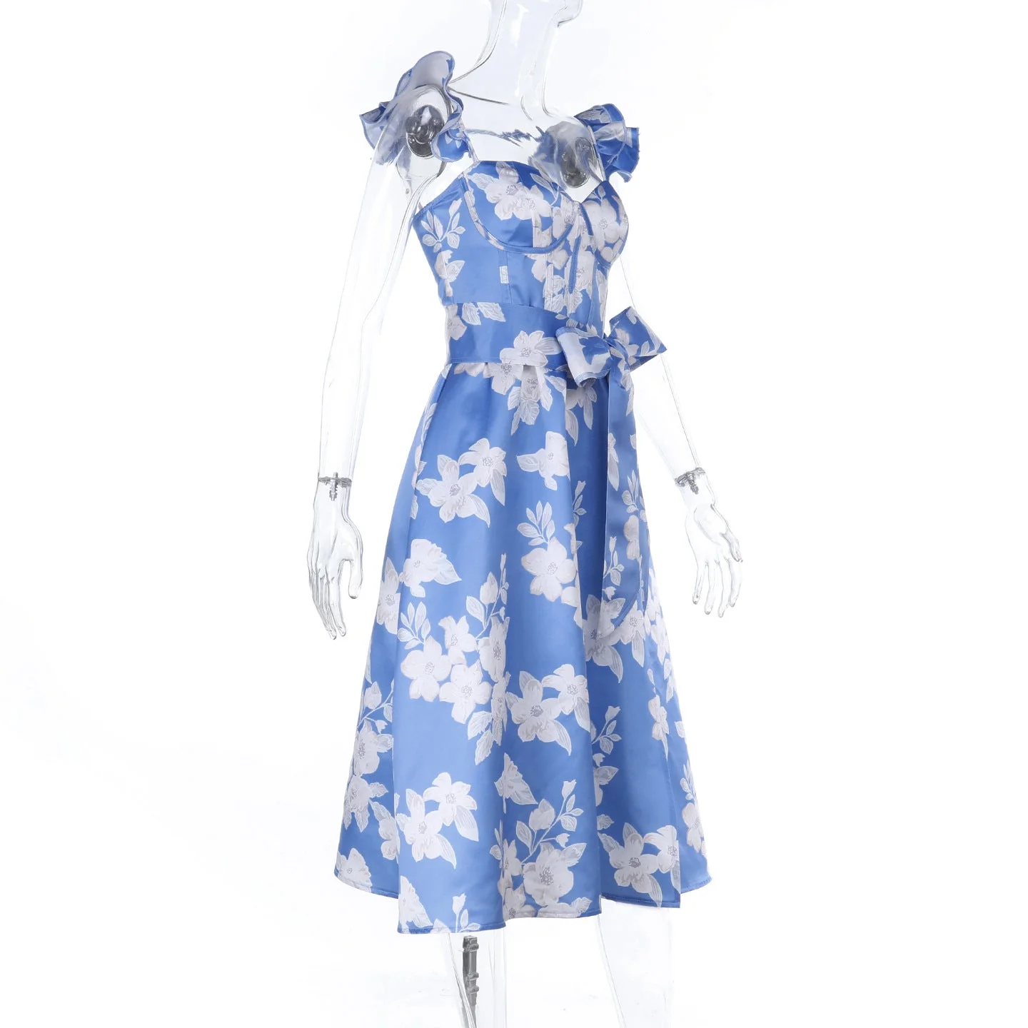 Ruffle flower print zip-up slit v neck midi dress - Image 4