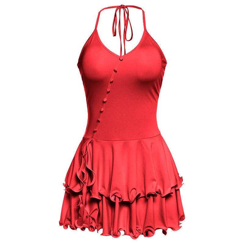 Ruffle halter self tie v neck button mini dress - Image 3