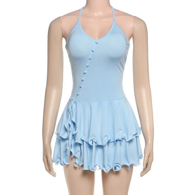 Ruffle halter self tie v neck button mini dress - Image 4