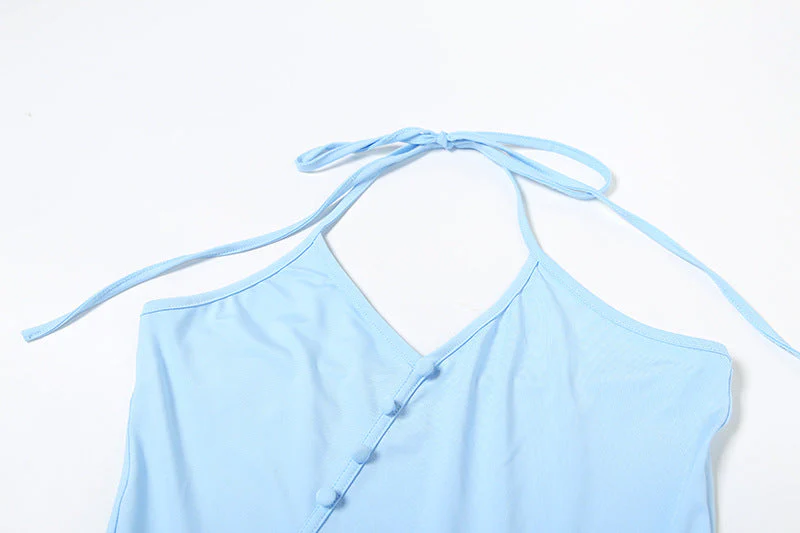 Ruffle halter self tie v neck button mini dress - Image 9