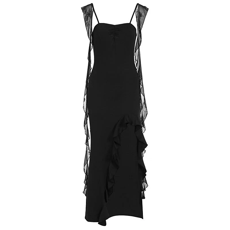 Ruffle high slit lace up cami maxi dress