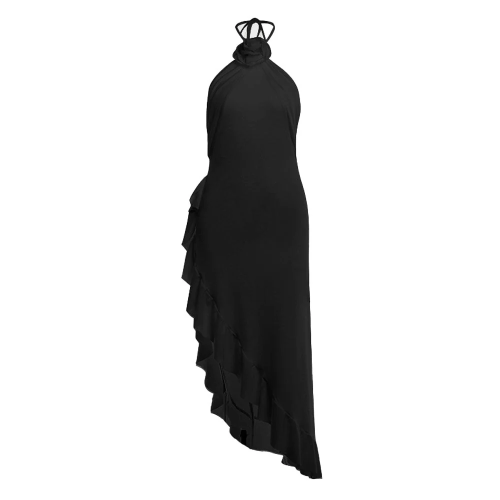 Ruffle irregular flower applique halter slit midi dress - Image 2