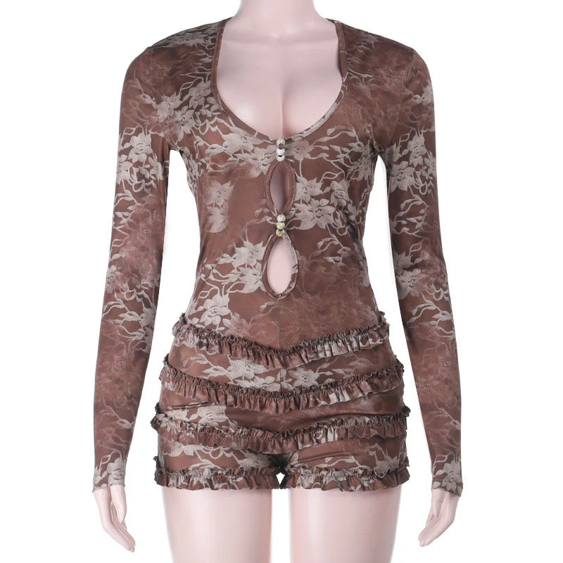 Ruffle long sleeve hollow out print romper - Image 2