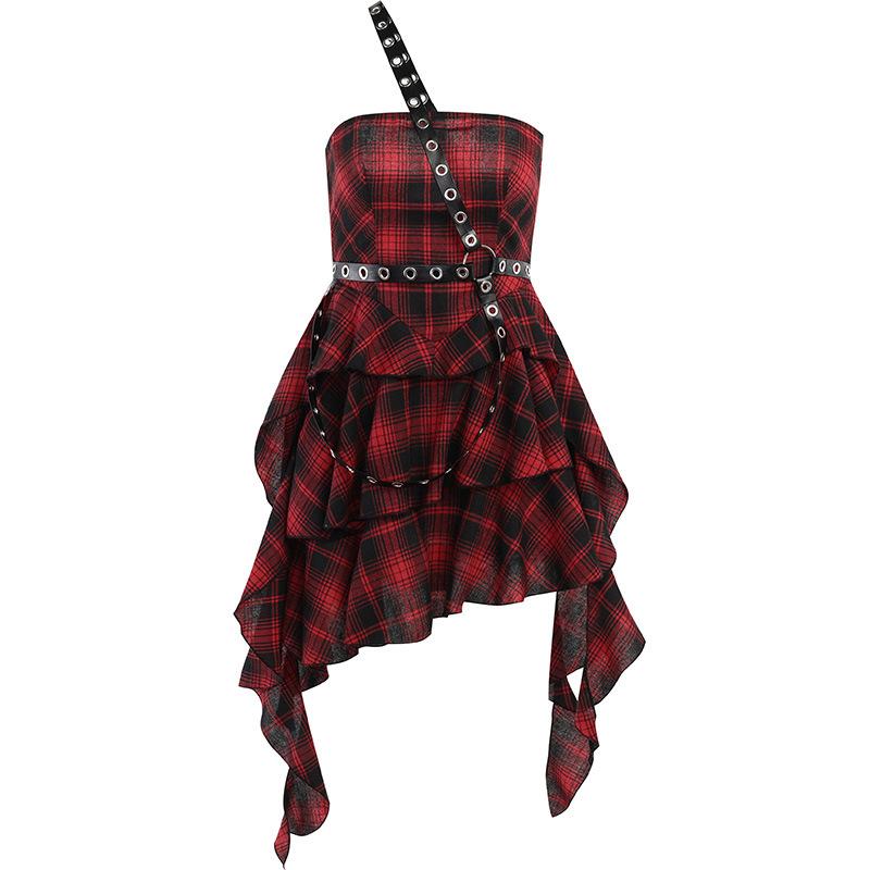 Ruffle plaid zip-up irregular one shoulder backless mini dress - Image 3