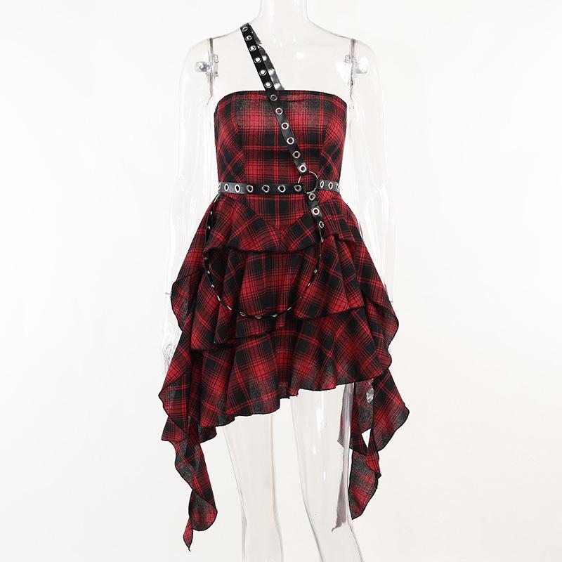 Ruffle plaid zip-up irregular one shoulder backless mini dress - Image 4