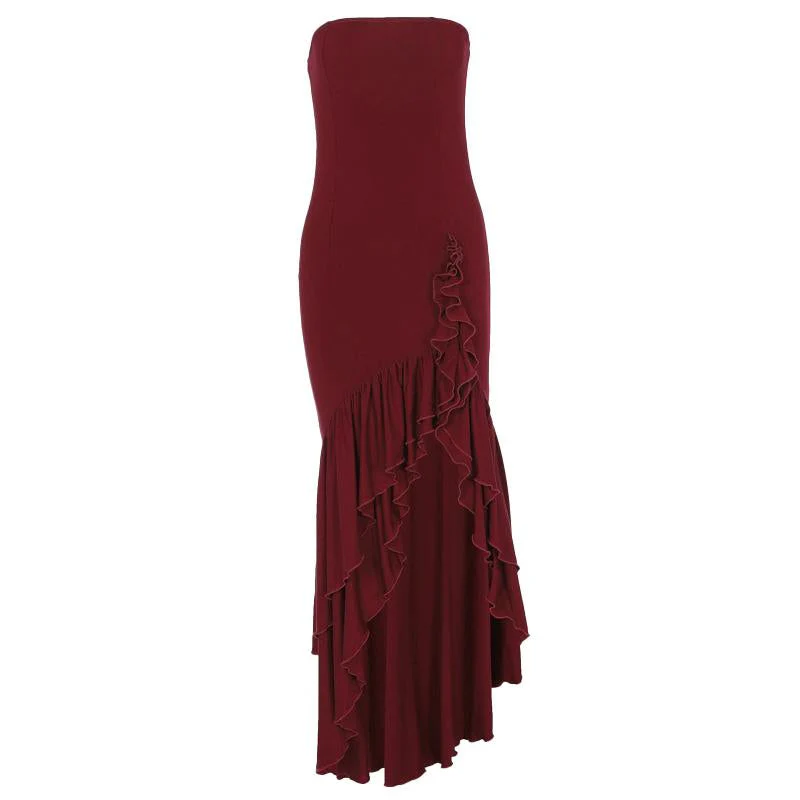 Ruffle ruched irregular solid tube maxi dress - Image 3