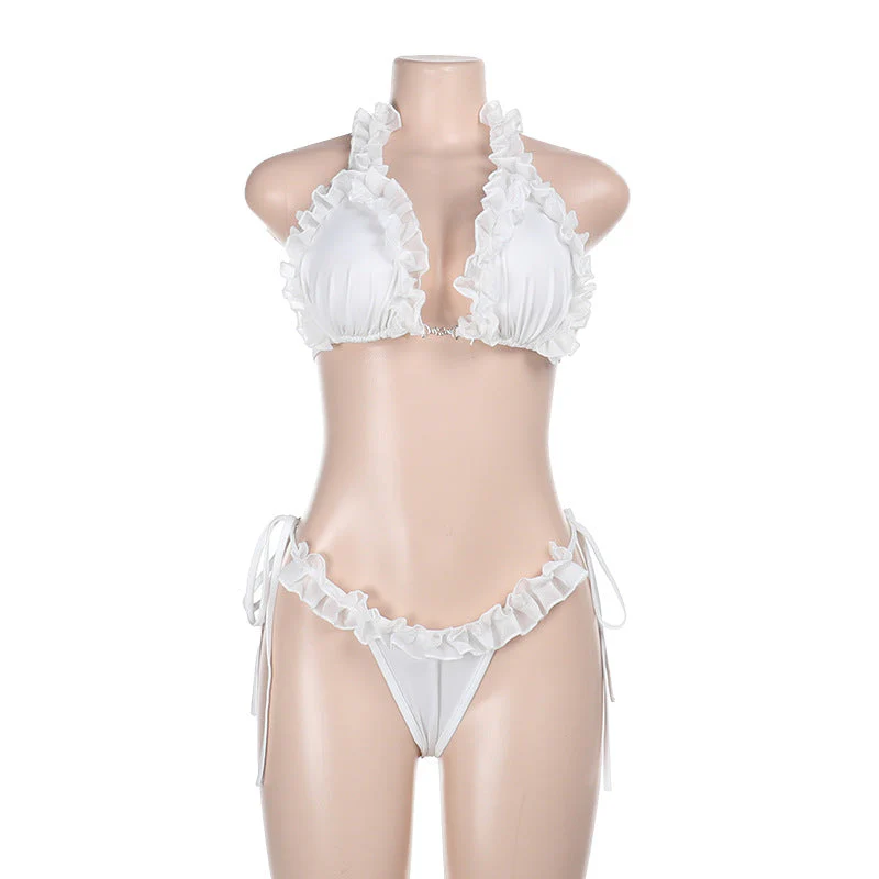 Ruffle self tie halter backless solid pant set - Image 3