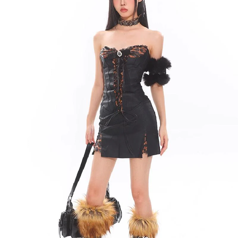 Ruffle slit PU leather lace up leopard print mini dress - Image 2