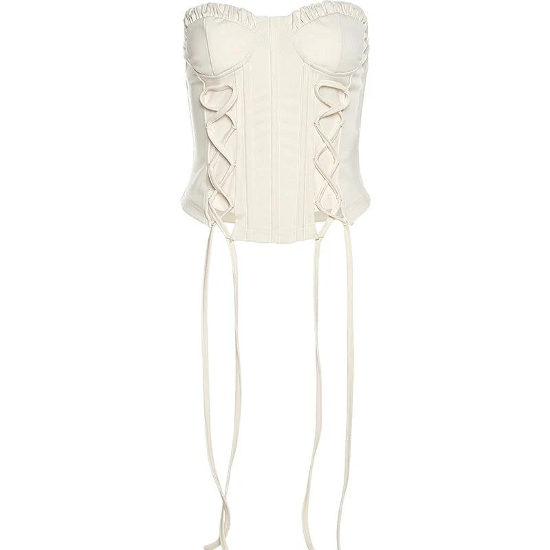 Ruffle solid lace up corset self tie backless tube top fairycore Ethereal Fashion - Image 2