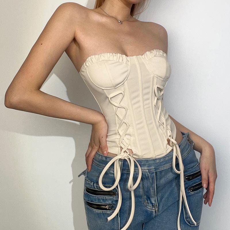 Ruffle solid lace up corset self tie backless tube top fairycore Ethereal Fashion - Image 3