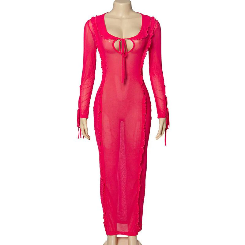 Ruffle turtle neck sheer mesh see through long sleeve maxi dress - Image 2