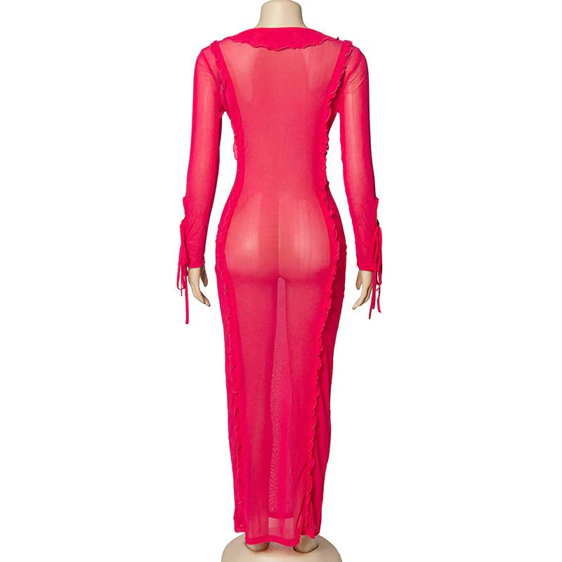 Ruffle turtle neck sheer mesh see through long sleeve maxi dress - Image 4