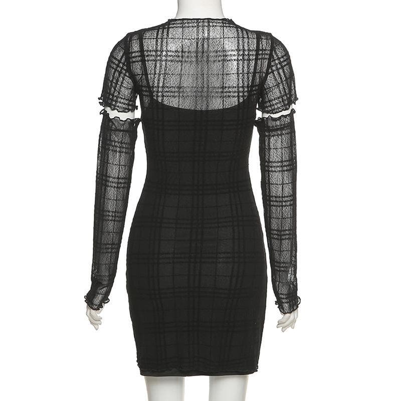 Ruffled mesh plaid long sleeve dress - Image 4