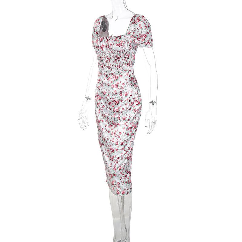 Satin flower pattern print zip-up ruched square neck short sleeve midi dress fairycore Ethereal Fashion - Image 3