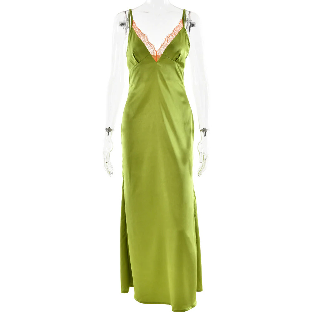 Satin lace hem v neck zip-up cami maxi dress - Image 3