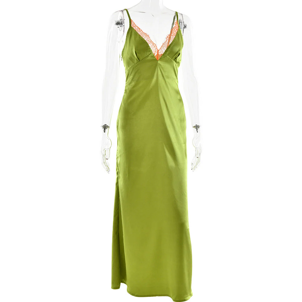 Satin lace hem v neck zip-up cami maxi dress - Image 4