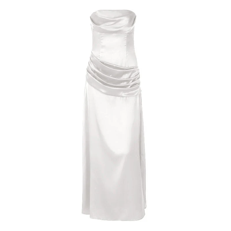 Satin pleated zip-up solid tube maxi dress - Image 2