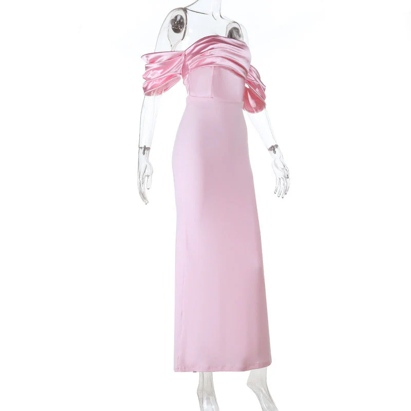 Satin ruched off shoulder zip-up slit maxi dress - Image 3