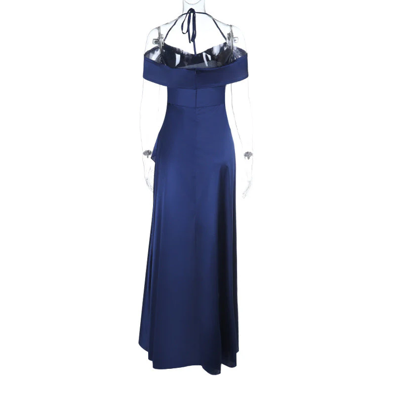 Satin slit ruffle halter self tie ruched midi dress - Image 5