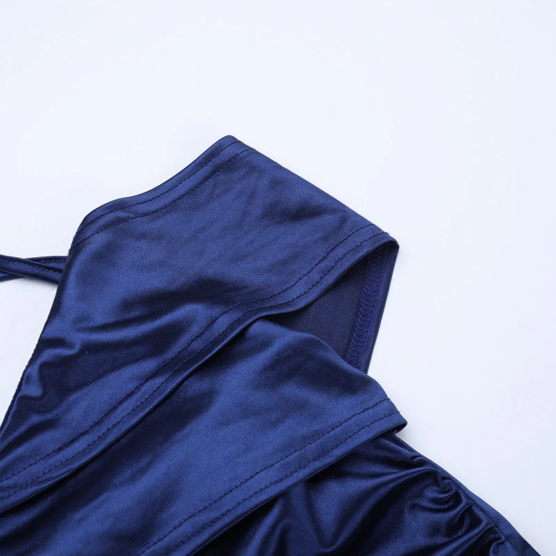 Satin slit ruffle halter self tie ruched midi dress - Image 6
