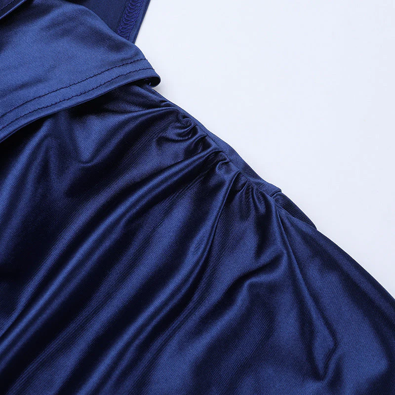 Satin slit ruffle halter self tie ruched midi dress - Image 7