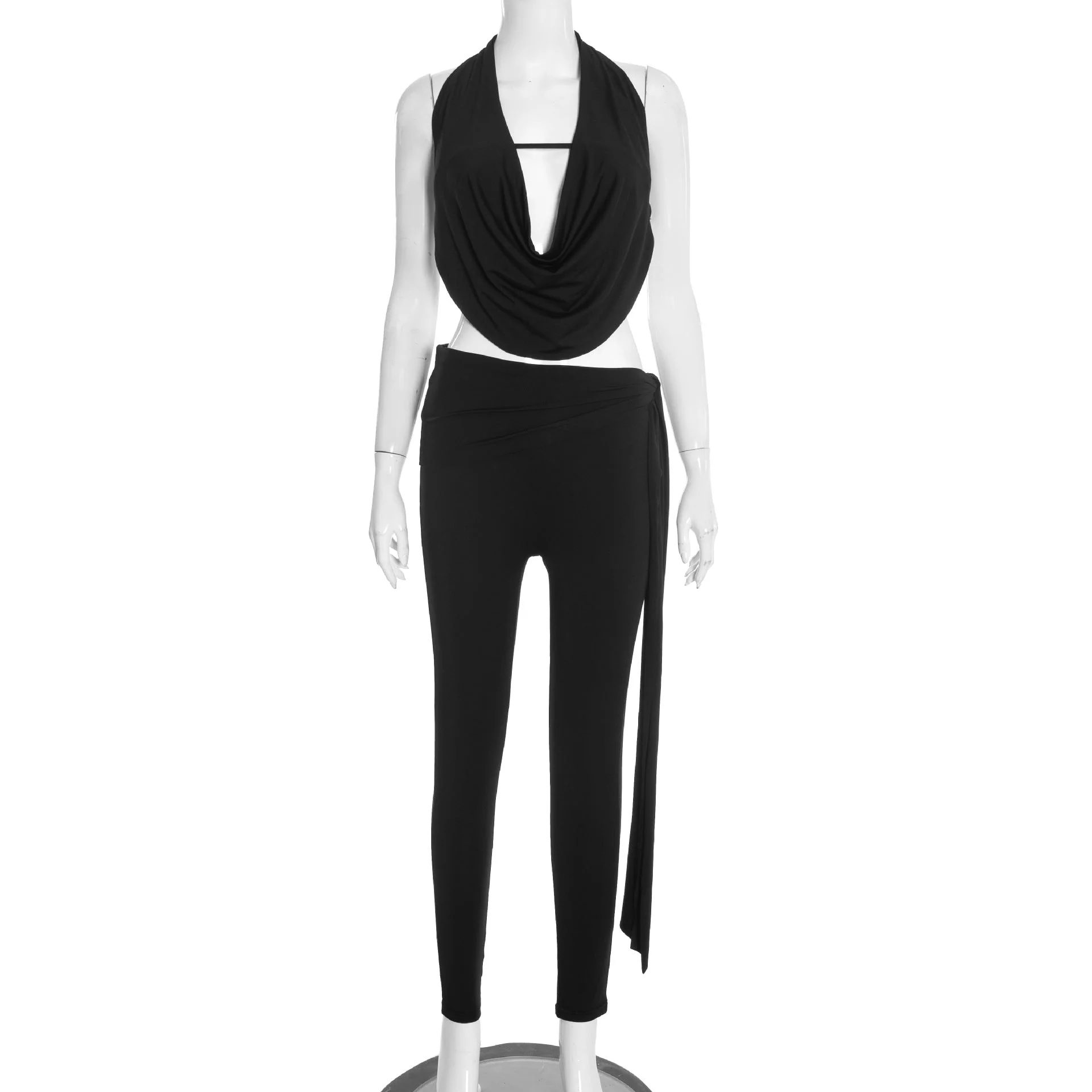 Self tie halter cowl neck irregular low rise pant set - Image 4