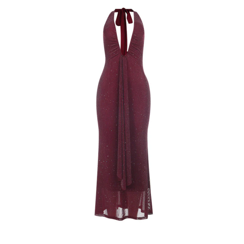 Self tie halter deep v neck backless maxi dress