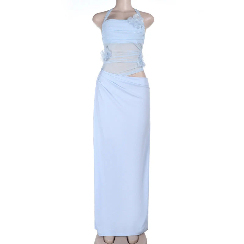 Self tie halter flower applique mesh hollow out maxi dress - Image 2