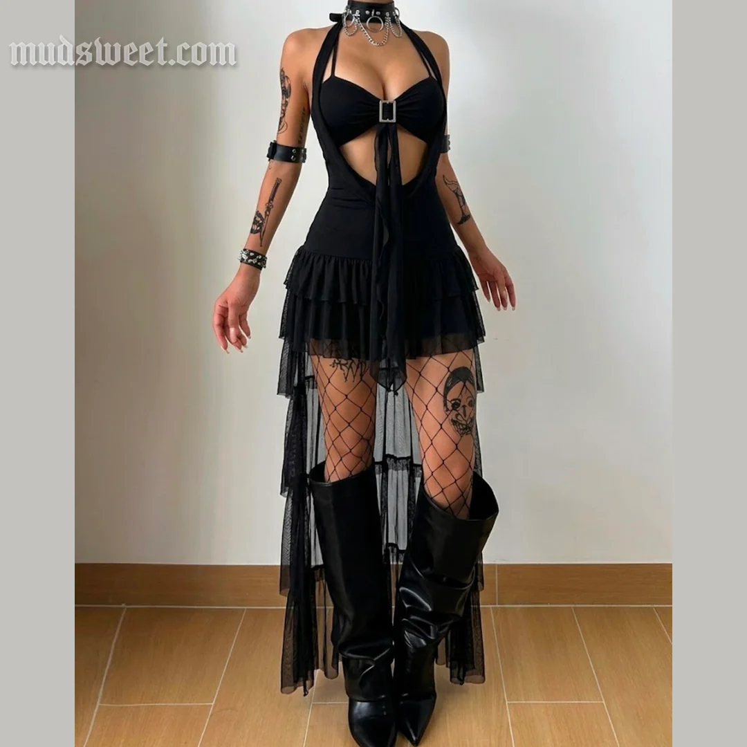 Self tie halter hollow out ruffle mesh mini dress