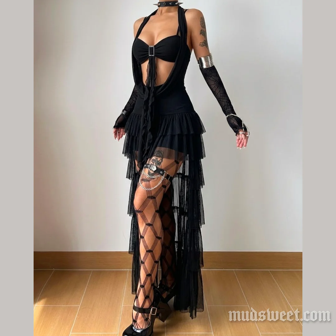 Self tie halter hollow out ruffle mesh mini dress - Image 2