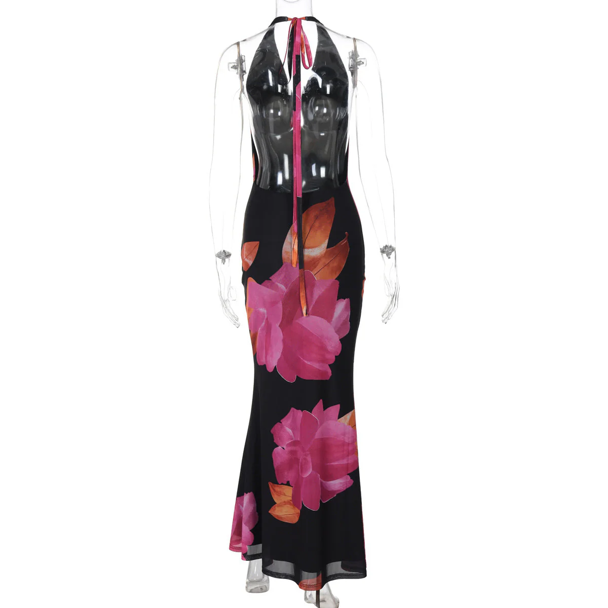 Self tie halter print cowl neck mesh maxi dress - Image 4