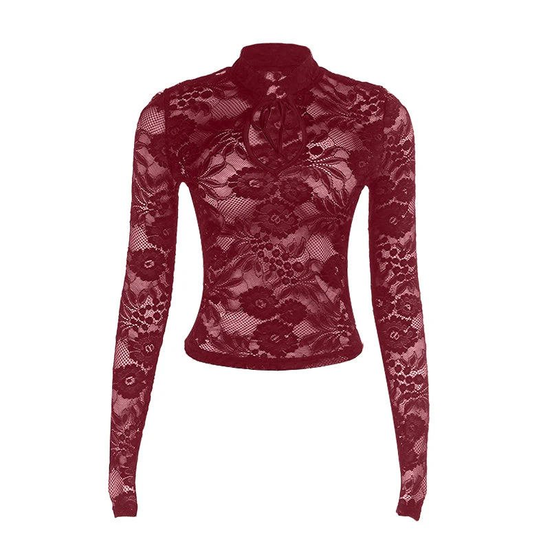 Self tie hollow out long sleeve lace solid top - Image 2