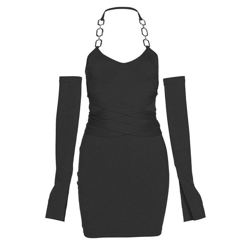Self tie ribbed metal chain off shoulder long sleeve dress - Image 2