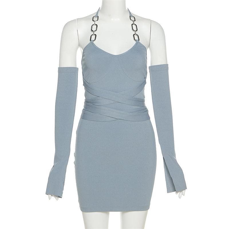 Self tie ribbed metal chain off shoulder long sleeve dress - Image 3