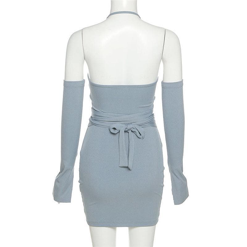 Self tie ribbed metal chain off shoulder long sleeve dress - Image 5