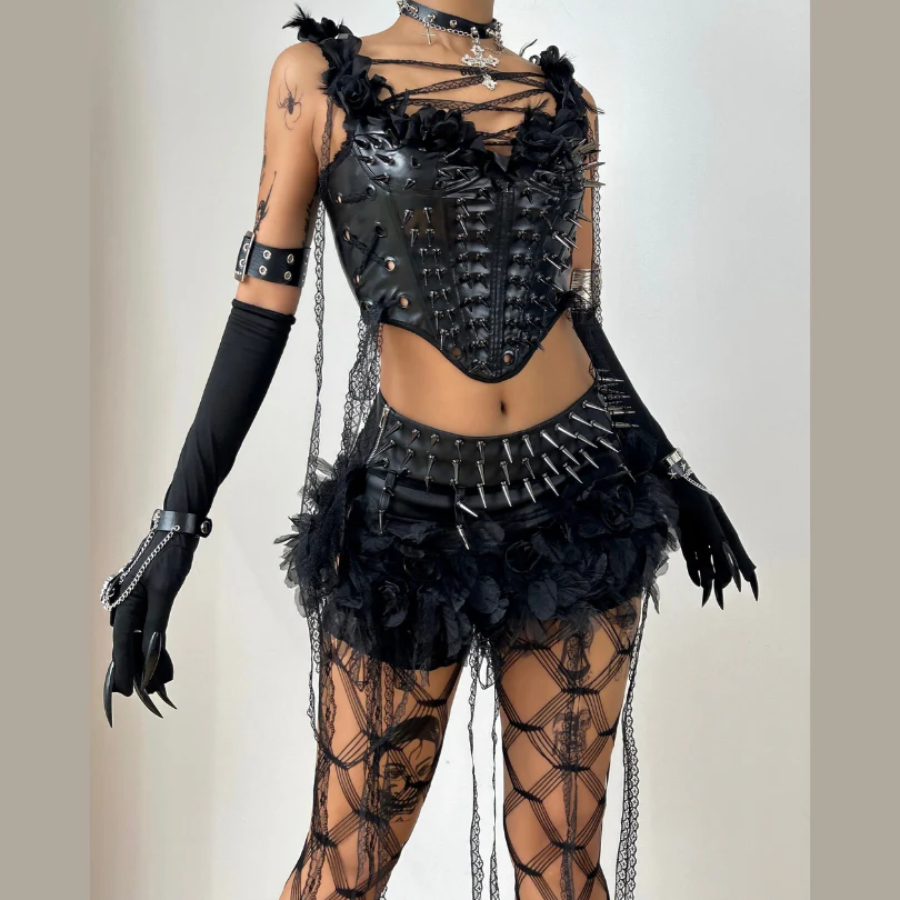 Self tie rivet applique PU leather corset top