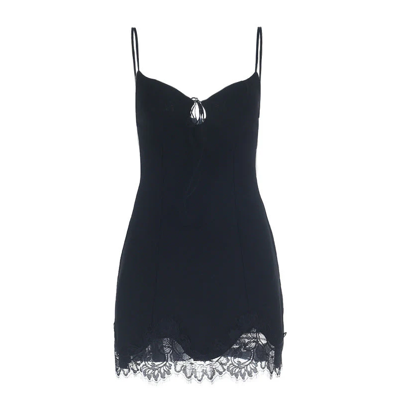 Self tie v neck hollow out lace hem cami mini dress