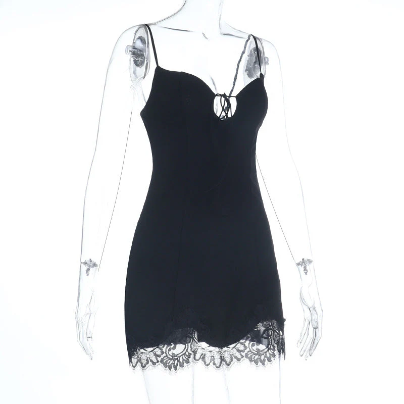 Self tie v neck hollow out lace hem cami mini dress - Image 3