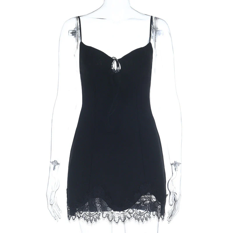 Self tie v neck hollow out lace hem cami mini dress - Image 4