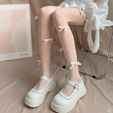 Sheer mesh faux pearl bowknot tights - Image 3