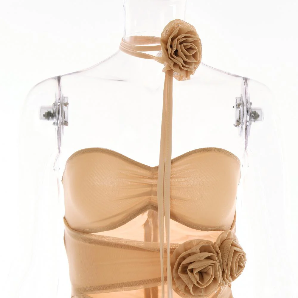 Sheer mesh hollow out flower applique zip-up solid tube mini dress - Image 6