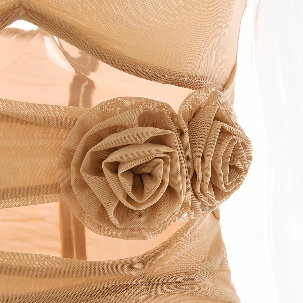 Sheer mesh hollow out flower applique zip-up solid tube mini dress - Image 7